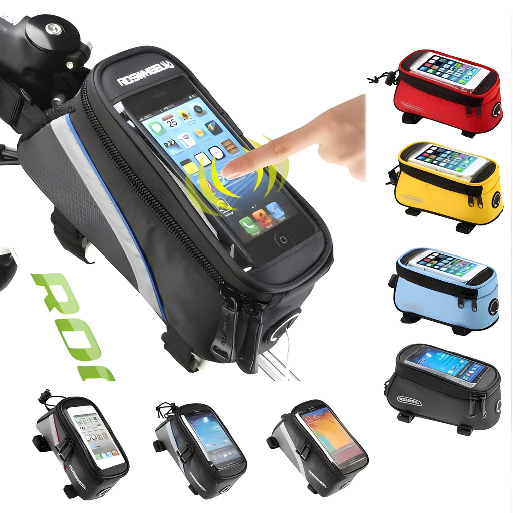 ROSWHEEL waterproof PVC bicycle frame bag for iPhone in black, blue, red colours showing three size options