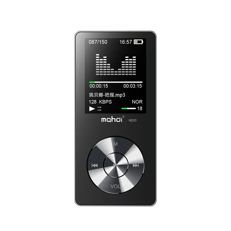 Gold metal MP3 music player with 1.8 inch screen showing audio playback interface