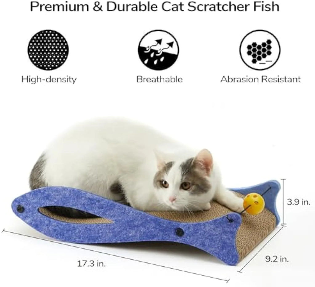Blue fish-shaped cardboard cat scratcher lounge with dangling ball toys on an elastic cord.