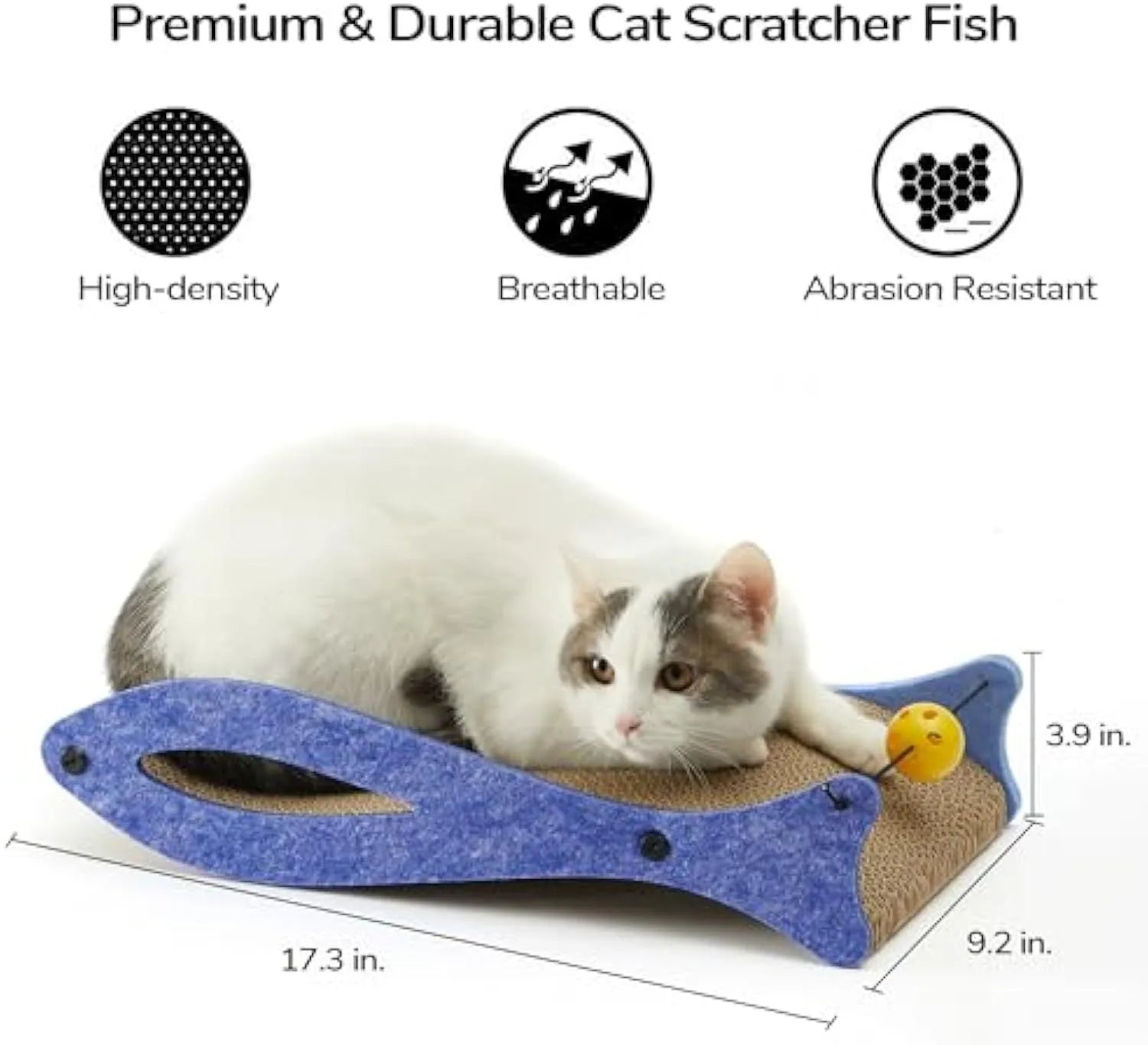 Blue fish-shaped cardboard cat scratcher lounge with dangling ball toys on an elastic cord.