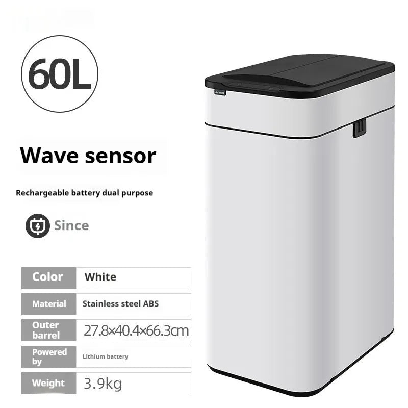 Square inductive sensor bin with automatic lid and deodorant system in stainless steel finish