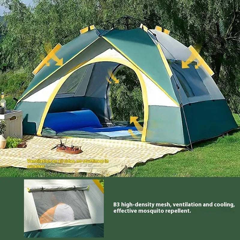 Dark green silver glue 3-4 person camping tent with automatic quick-open system shown in outdoor setting