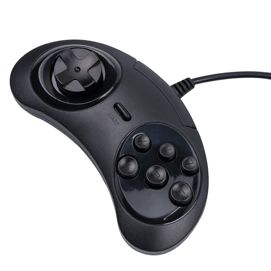 Black Sega USB PC game controller with 1.8 metre cable on a desk