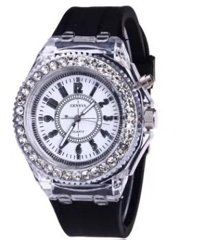 Women's LED luminous quartz watch with round 43mm alloy case and colourful silicone strap options.