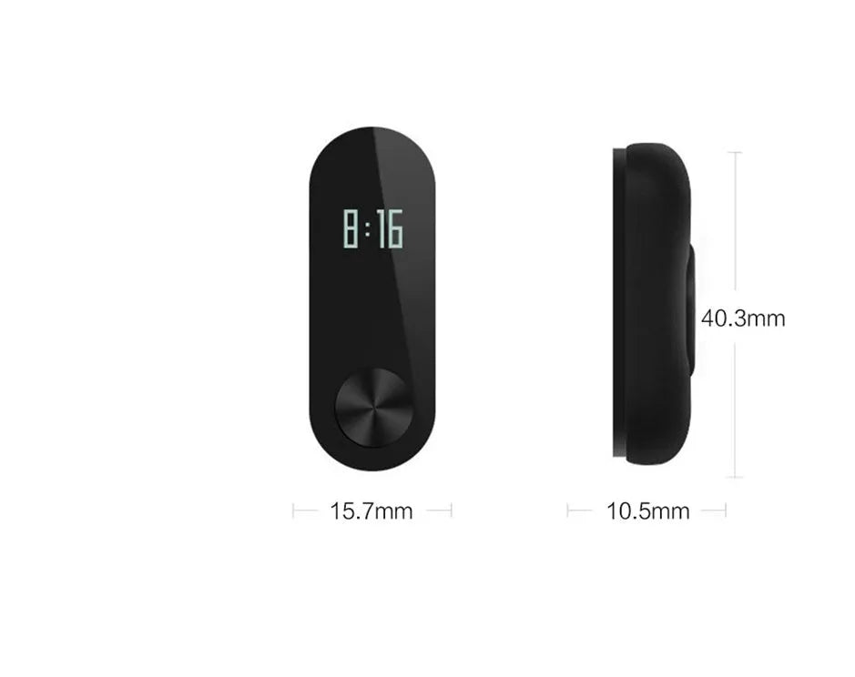 Xiaomi Mi Band 2 black fitness tracker with OLED screen on a grey wrist strap.