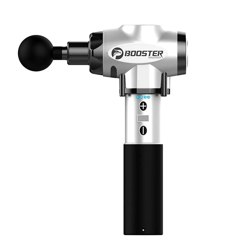 Black and white deep tissue massage gun with adjustable speed settings on a 1800-3200rpm scale.