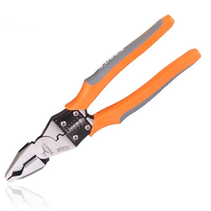 Orange-handled multi-function wire cutter pliers with alloy steel jaws for cutting and stripping wire.