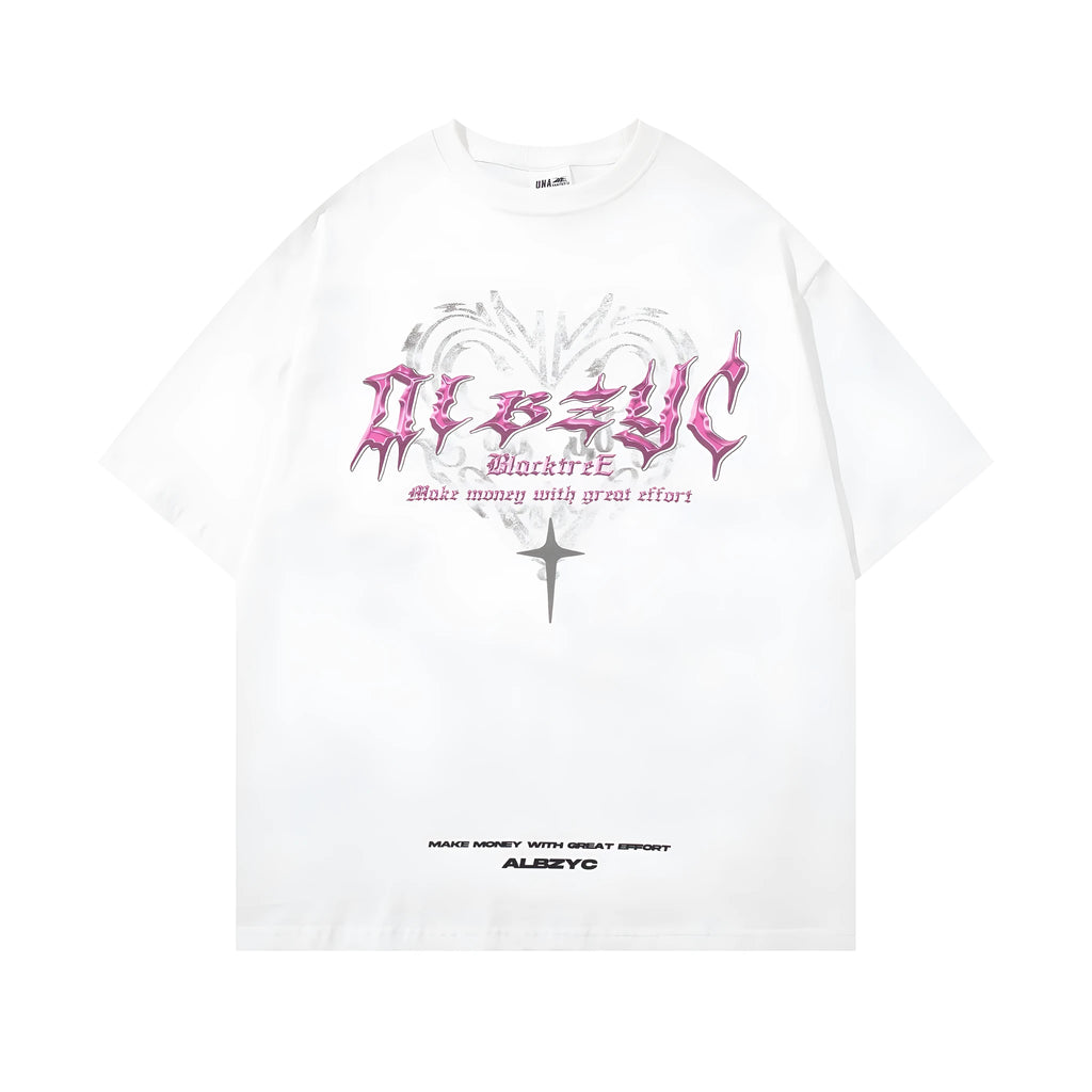 Men's black retro printed cotton t-shirt with round neck and short sleeves on hanger