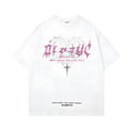 Men's black retro printed cotton t-shirt with round neck and short sleeves on hanger