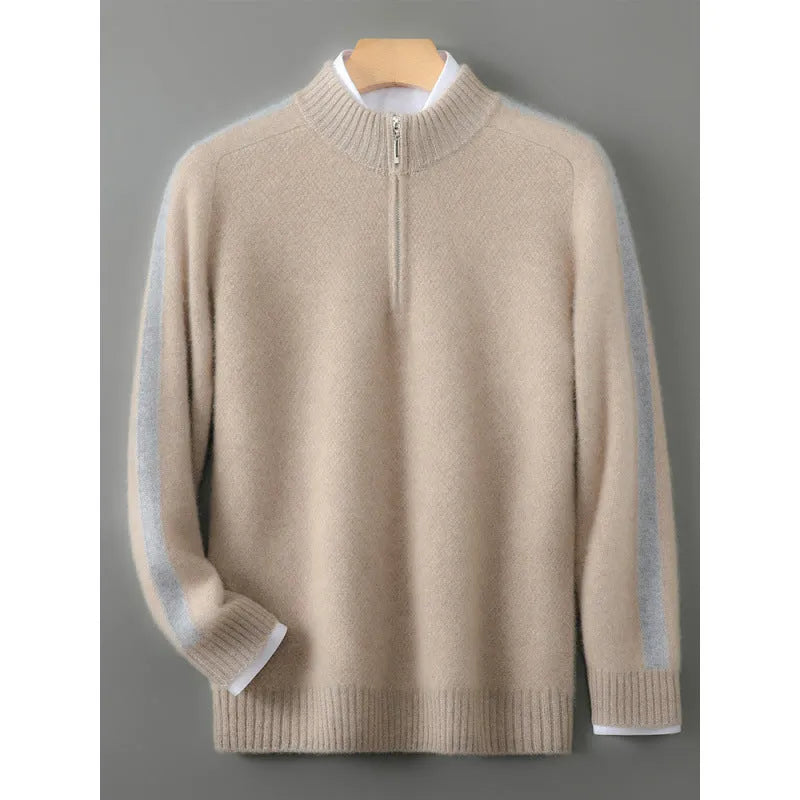Slim fit half-zip wool knitted sweater in grey shown on a model.