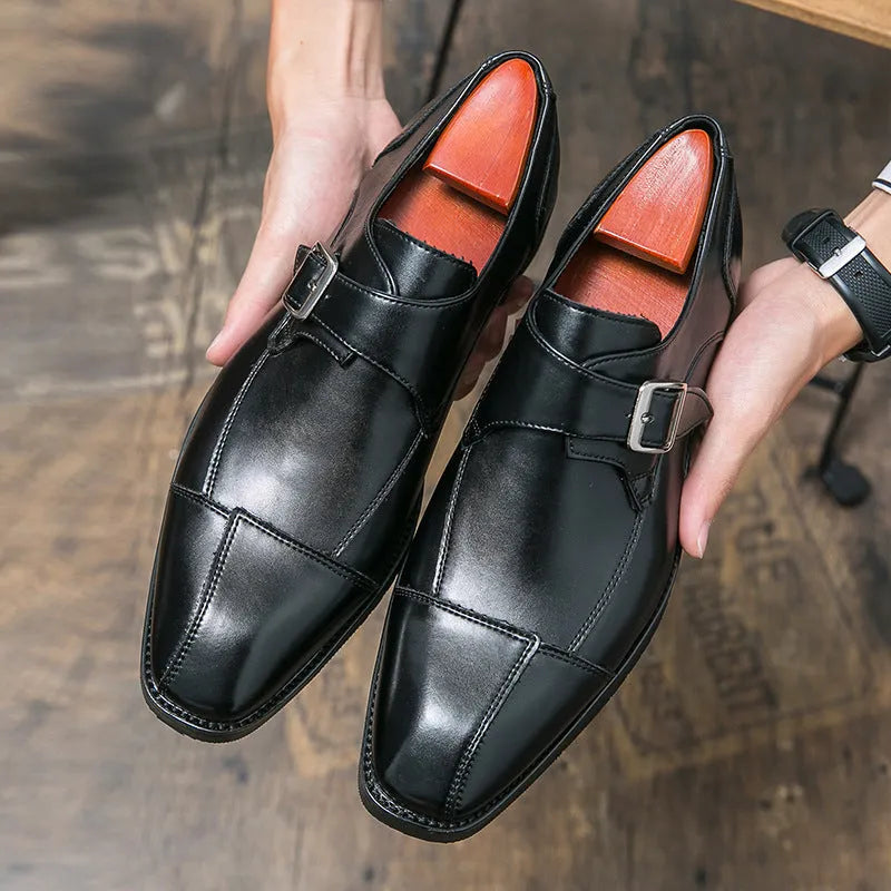 Men's tall crown leather shoes with retro buckle in brown blue and black colours