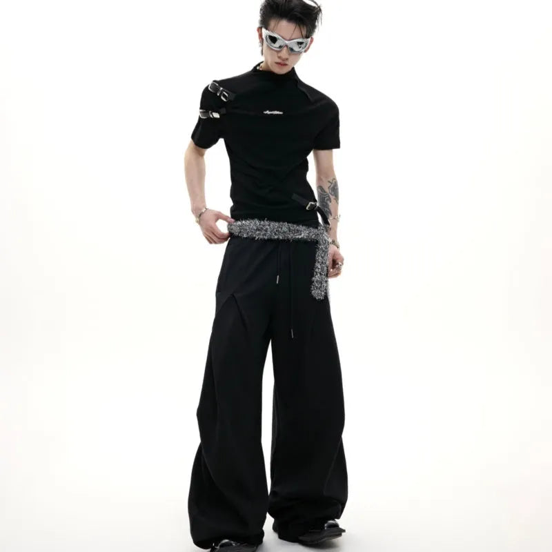 Men's black slim fit cotton shirt with metal belt design detail and stand-up collar