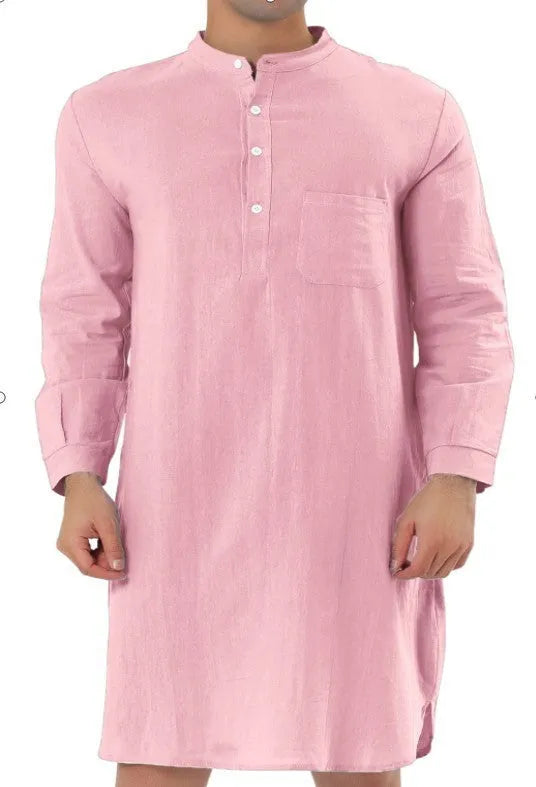 Men's cotton shirt robe with a front pocket, shown in one of nine available colours.