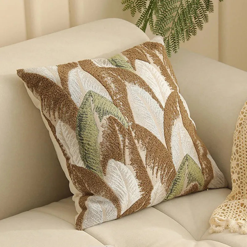 Square jacquard cushion cover with detailed plant and flower pattern in Nordic retro style.