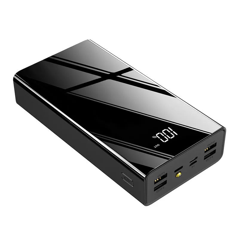 Large black or red 40000 mAh power bank with LCD display showing charge percentage.