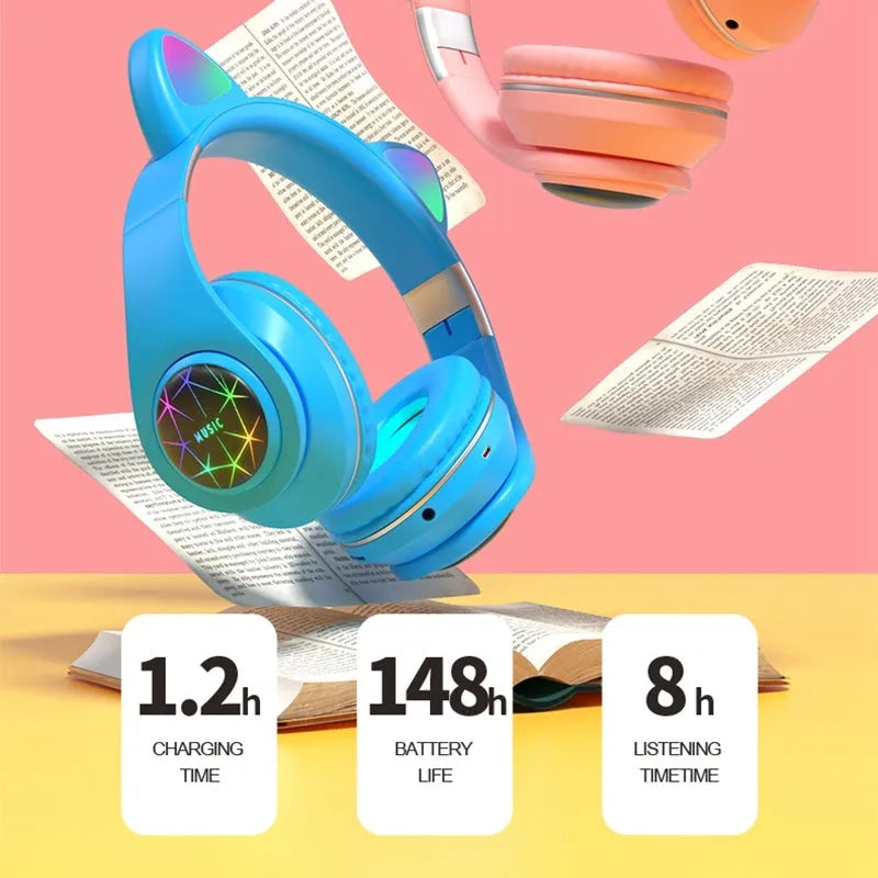 Cat ear styled wireless Bluetooth sports headset in various colours on display