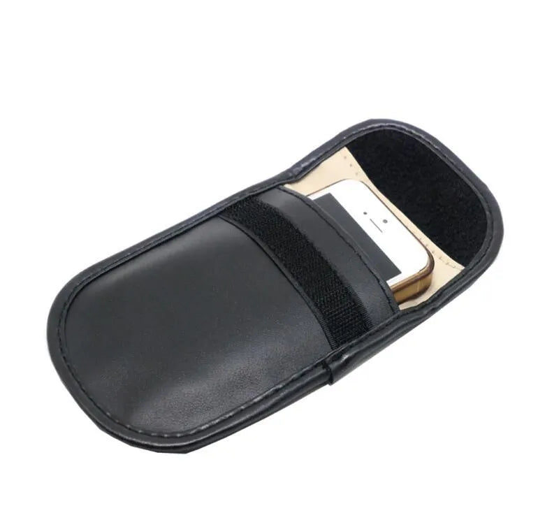 Black microfiber RFID blocking bag for mobile phones and credit cards, measuring 13.5 by 9.5 cm.