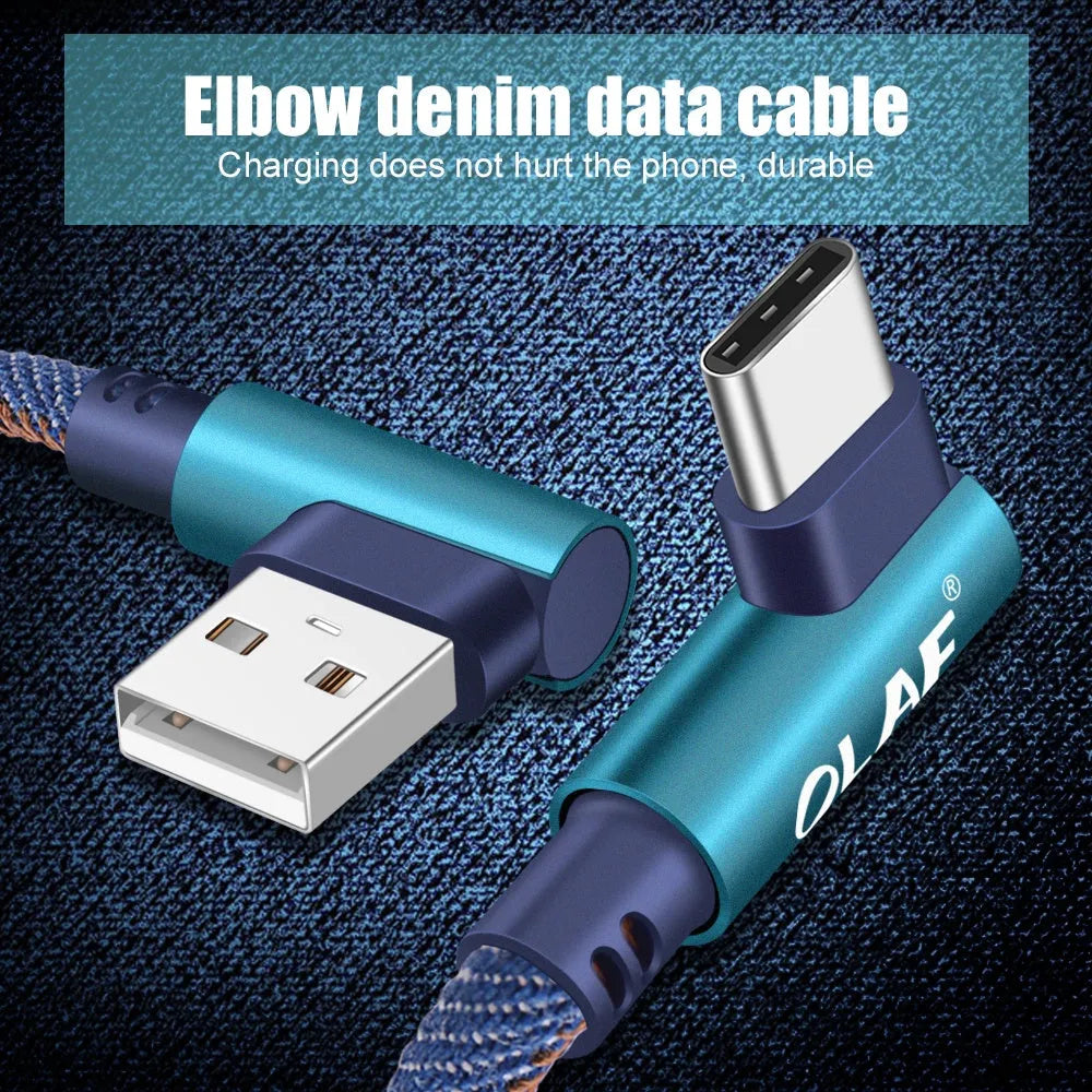 USB fast charging cable with denim fabric sleeve, showing Android and Type C connector options in red colour.