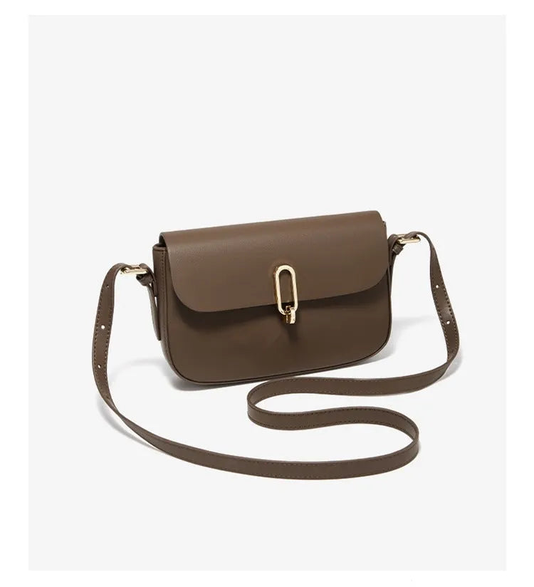 Two-layer cowhide genuine leather square shoulder messenger bag in black with lock detail and zipper change pocket