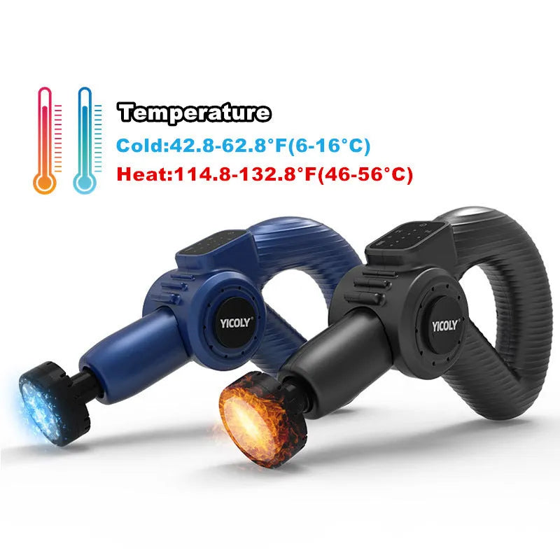 Black smart muscle massage gun with hot and ice compress functions and five attachment heads