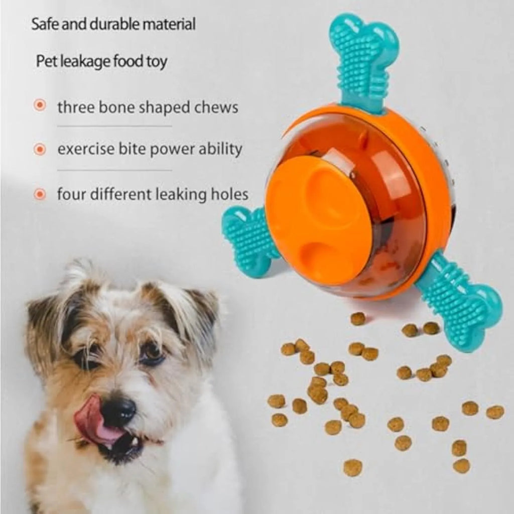 Blue interactive dog chew toy with slow treat dispenser and rubber bones for small medium dogs
