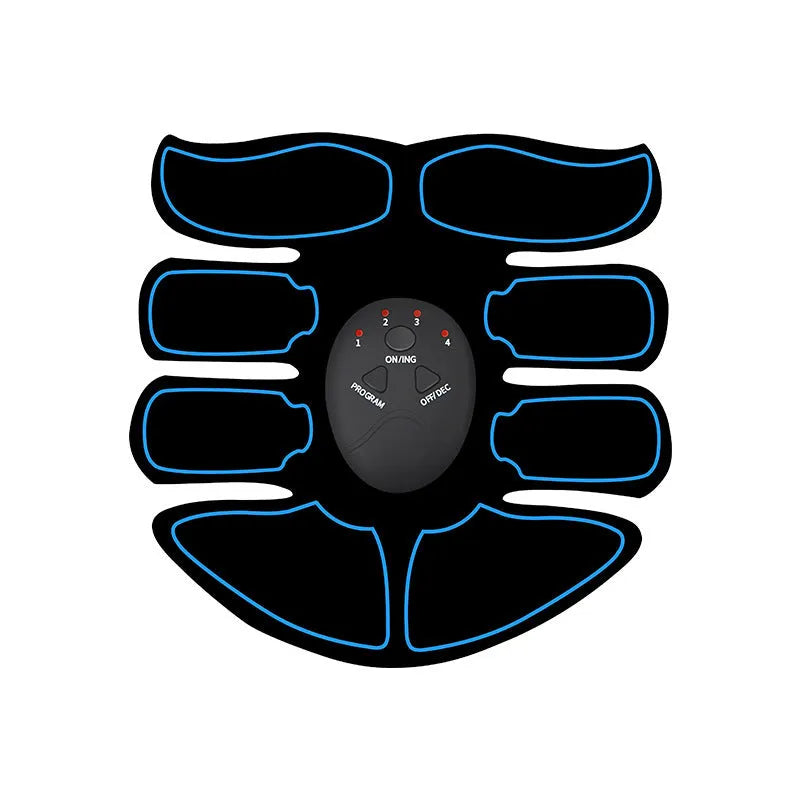 Digital EMS abdominal muscle trainer patch set with three pieces and a charging unit in red, blue, or yellow.