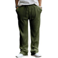 Man wearing army green striped high-waist straight-leg casual trousers.
