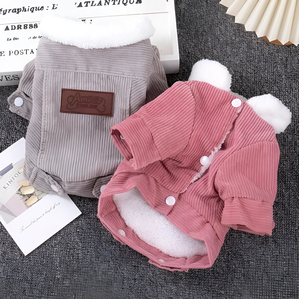 Lambswool fleece-lined padded vest for dogs and cats in grey or pink, shown in size range XS to XXL.