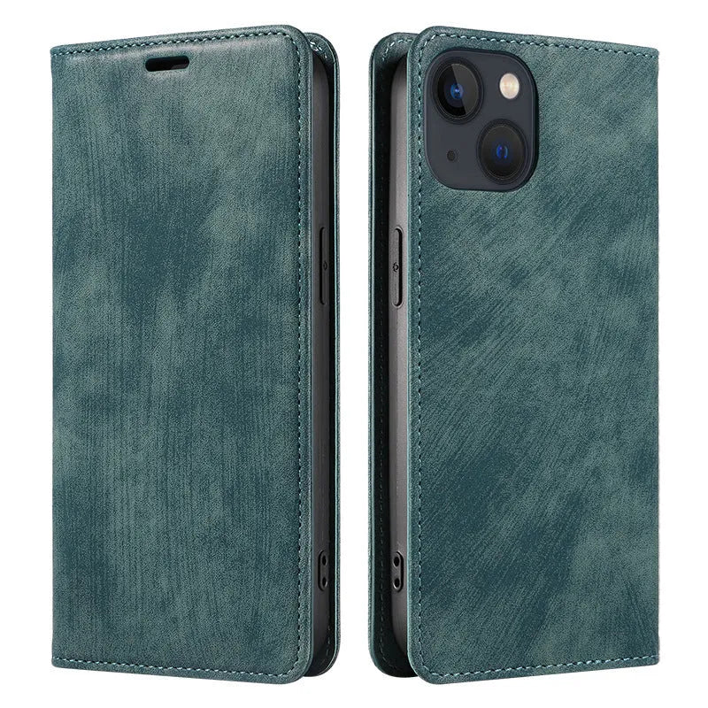 Magnetic flip phone case for iPhone in various colours showing leather and TPU construction