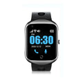 Square black GPS smartwatch for elderly positioning with a silicone strap on a wrist