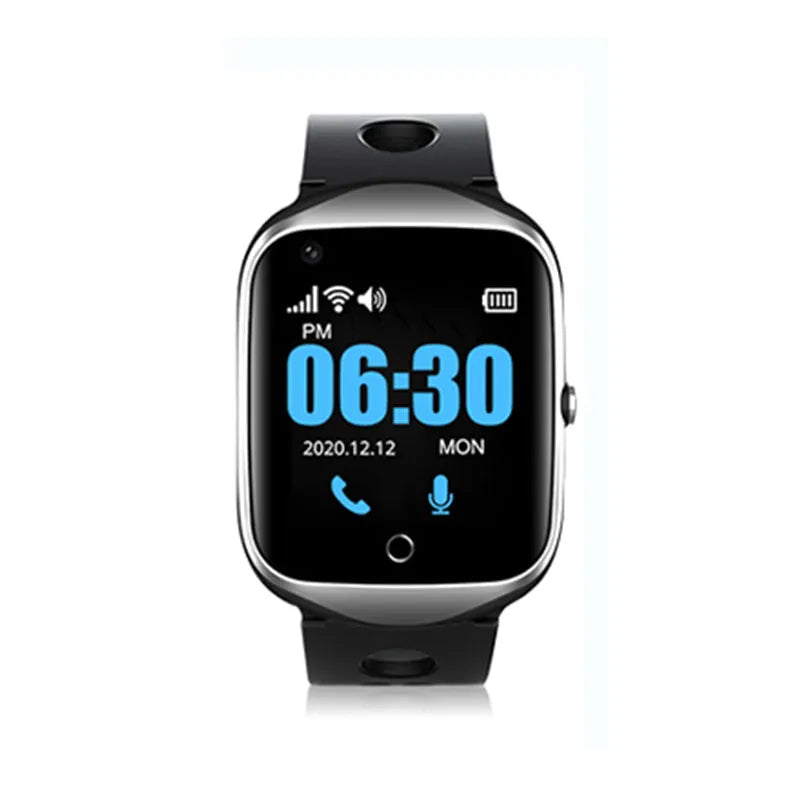 Square black GPS smartwatch for elderly positioning with a silicone strap on a wrist