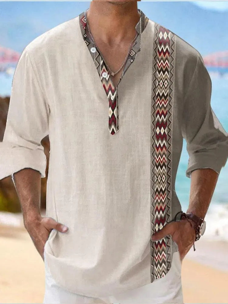 Thin striped long sleeve Hawaiian cardigan shirt on a hanger, showing one of its colour variants.
