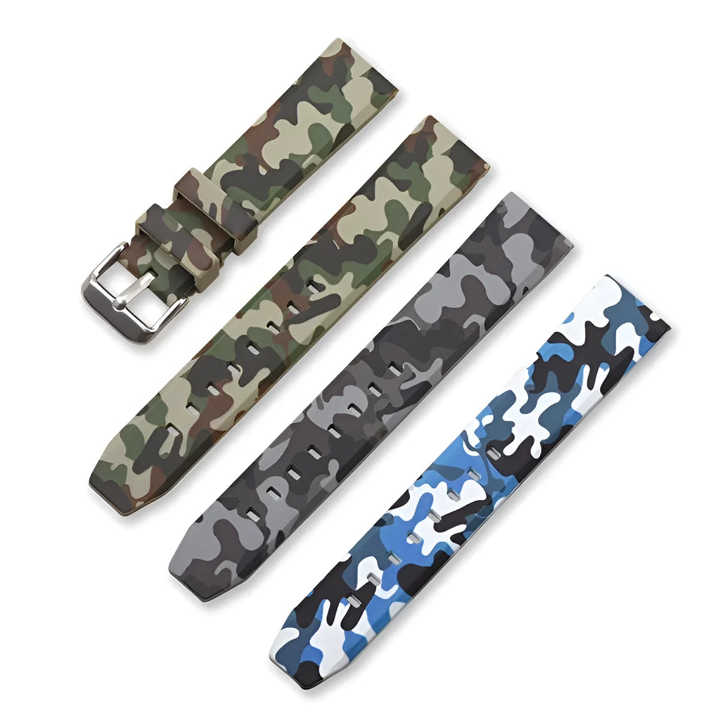 Camouflage silicone watch strap in green, blue, and grey patterns showing flat head design and three width options
