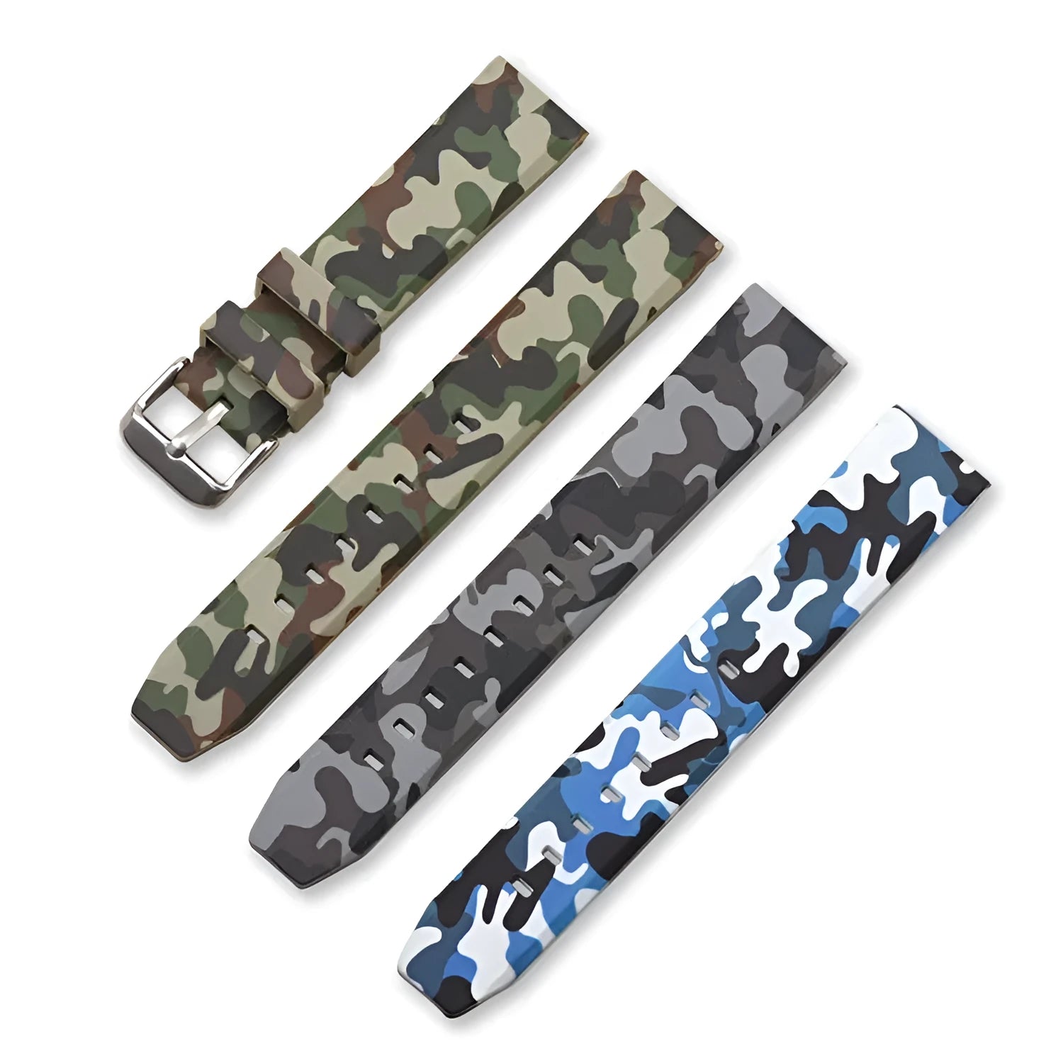 Camouflage silicone watch strap in green, blue, and grey patterns showing flat head design and three width options