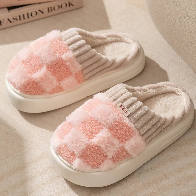 Women's plaid plush indoor slippers with coral velvet upper and non-slip PVC sole in multiple colours