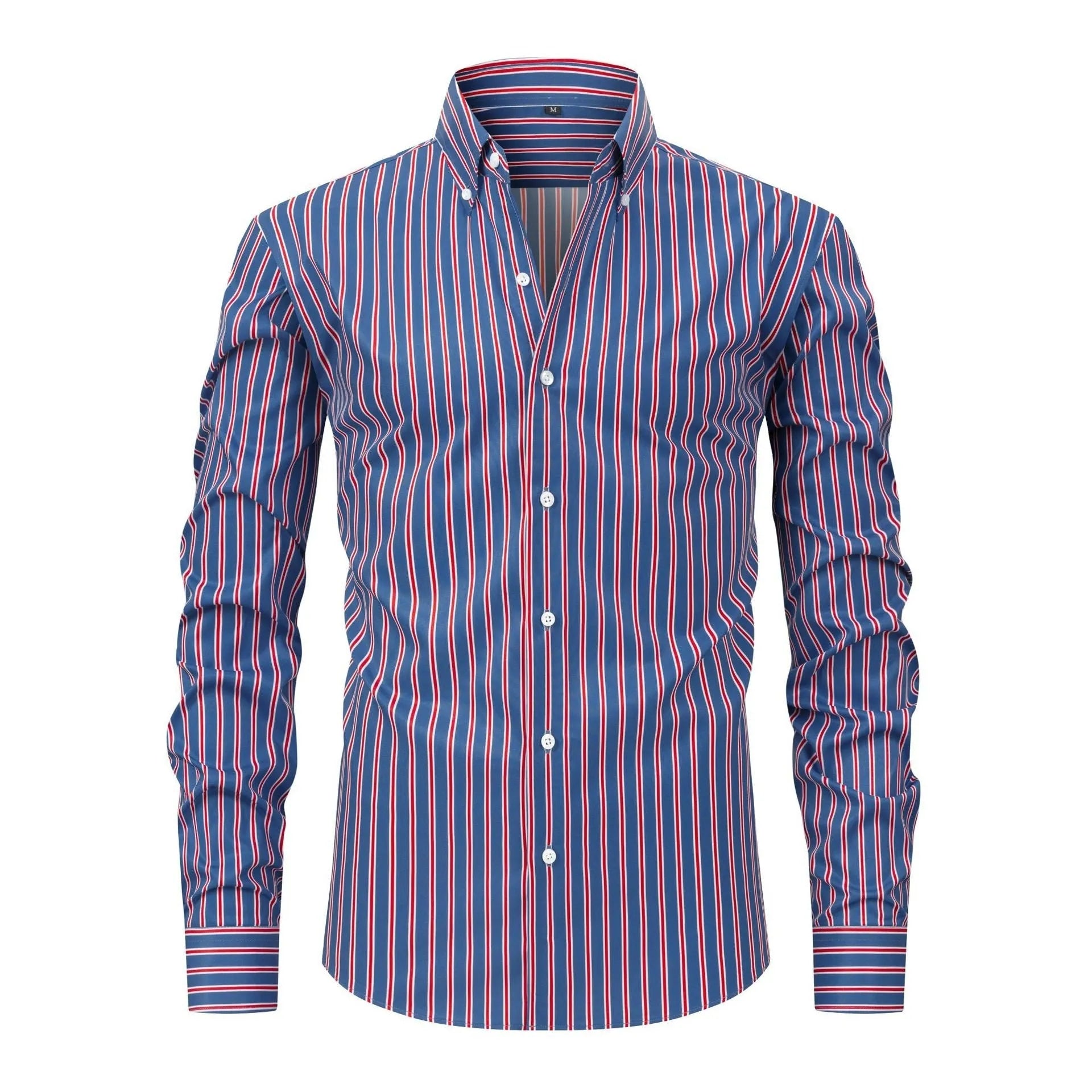 Men's slim fit striped long sleeve business shirt in polyester blend fabric on a hanger