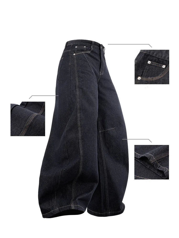 Men's wide leg denim trousers in original cow colour showing full length and relaxed fit