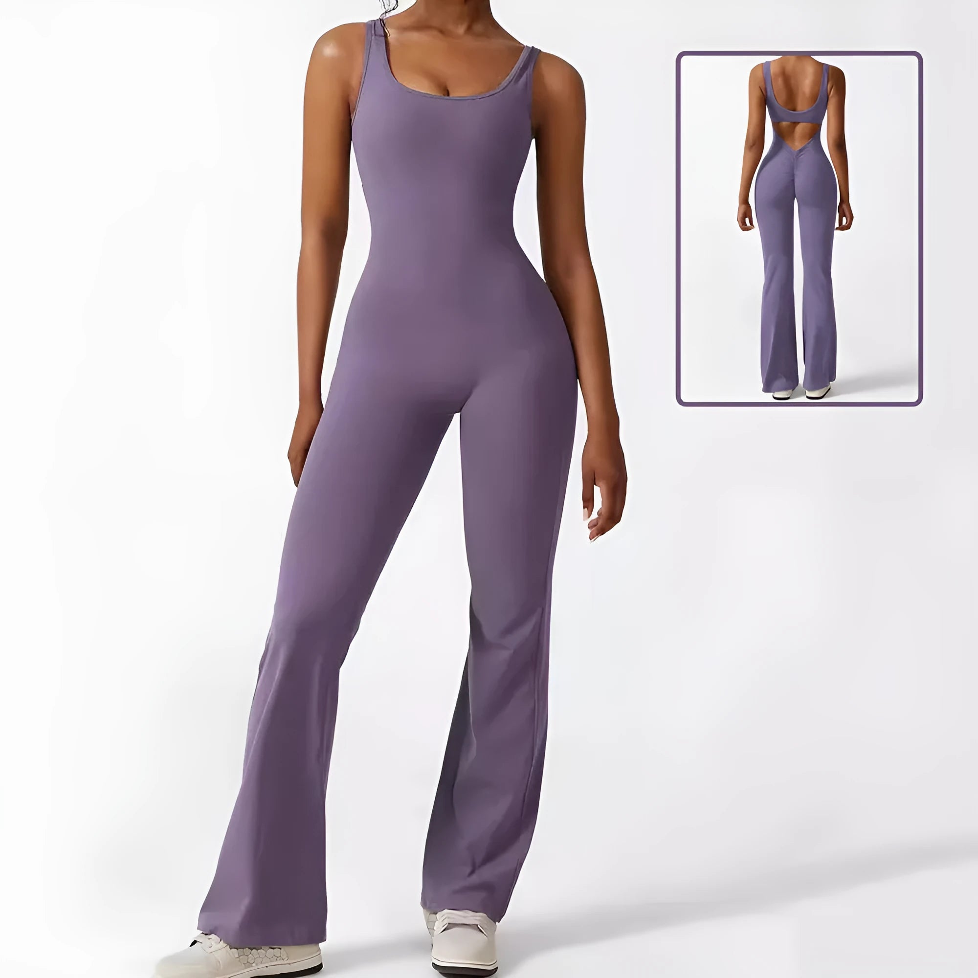 Women's sleeveless flare jumpsuit in polyester fabric for yoga and fitness wear