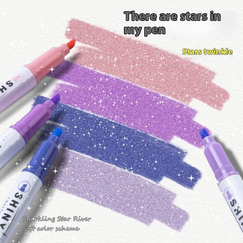 Set of four glitter highlighter pens with slanted tips showing six glitter ink colours including taro puff and mung bean smoothie