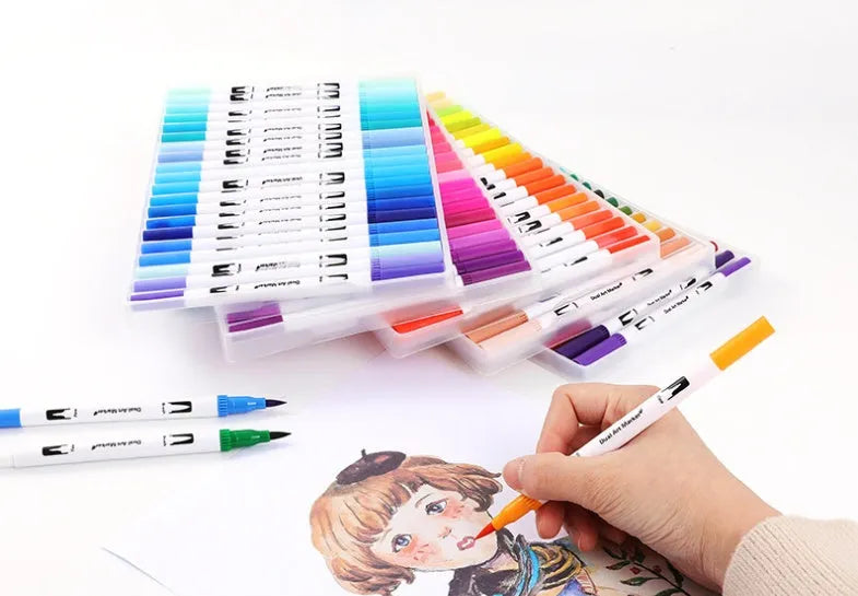 Set of refillable watercolour pens in a case, showing multiple vibrant colours for art and design projects.