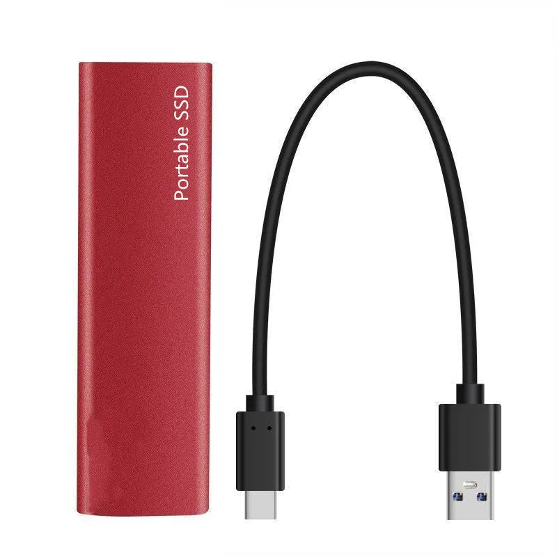 Red ultra-thin metal mobile SSD portable hard drive for high-capacity storage.