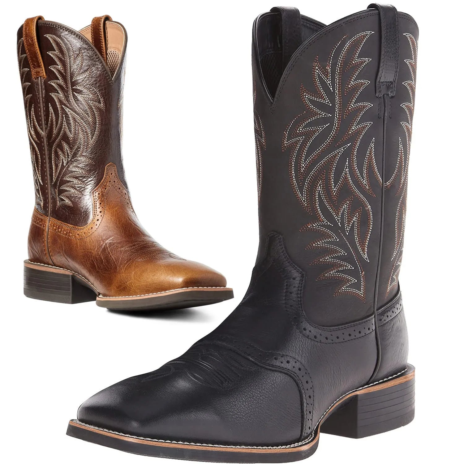 Black western cowboy boots with high embroidery stitching and square toe design