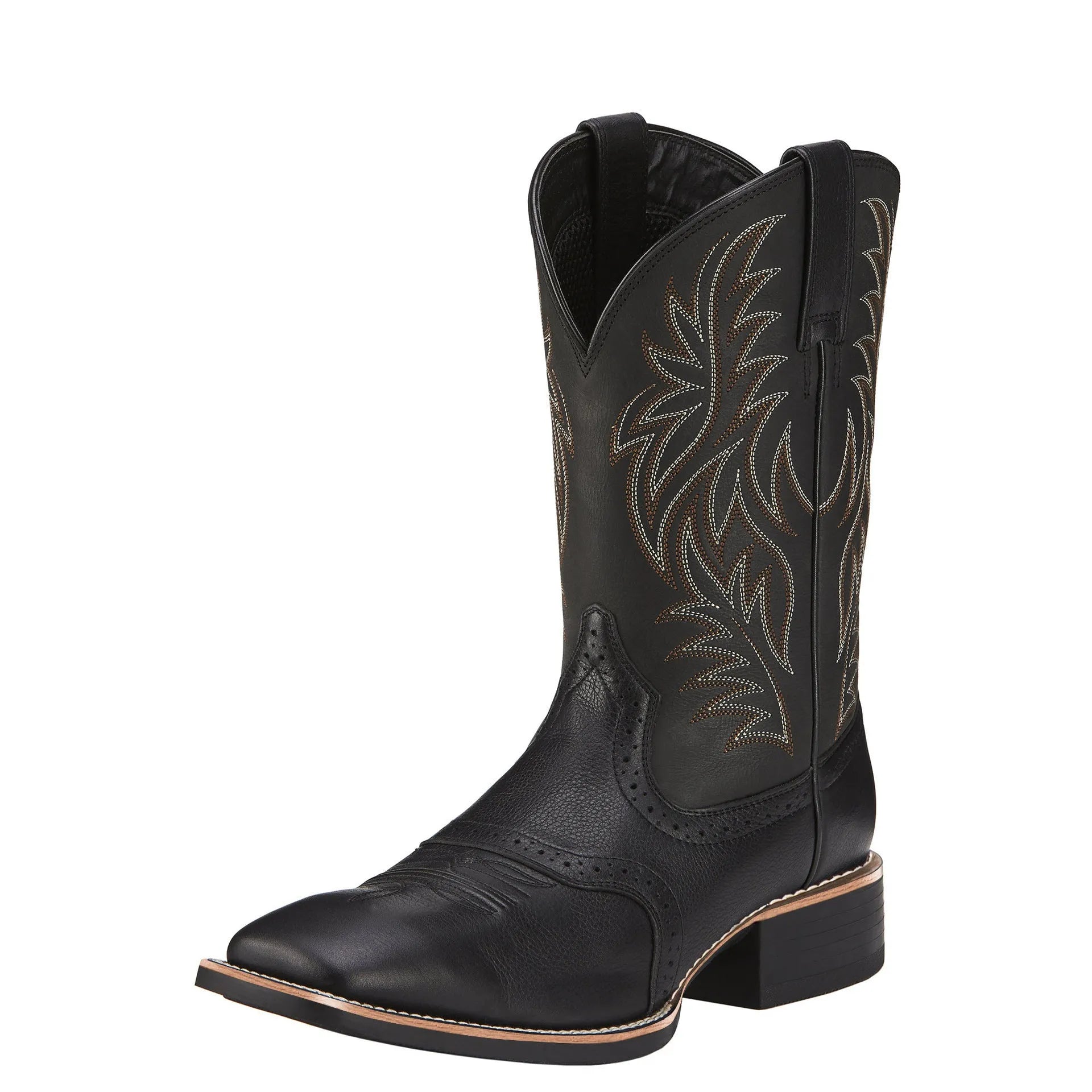 Black western cowboy boots with high embroidery stitching and square toe design