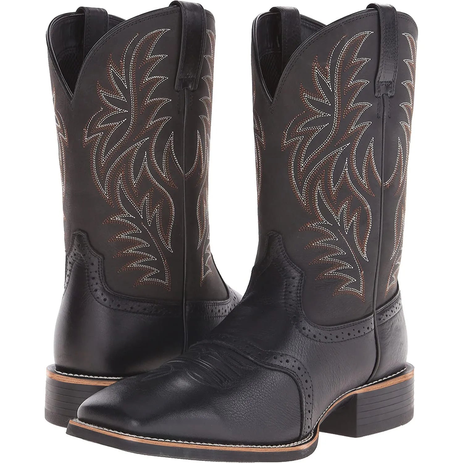 Black western cowboy boots with high embroidery stitching and square toe design