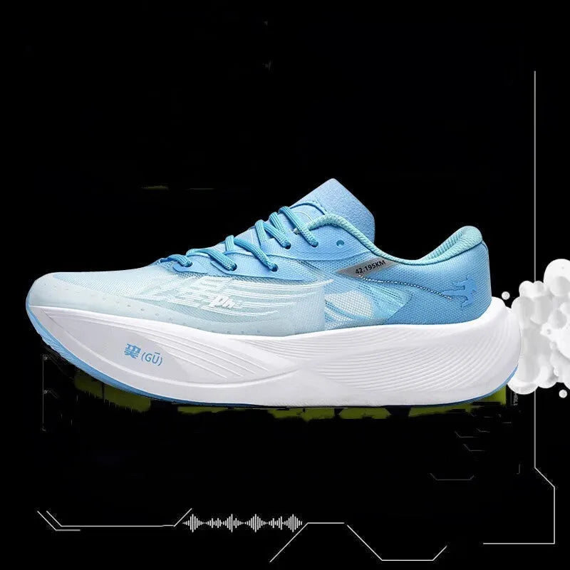 Low-top racing sneaker with carbon plate technology in Glacier colour, showing front lace-up design.