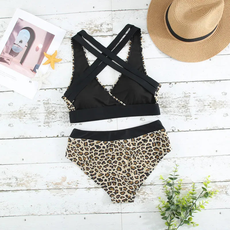Leopard print women's bikini swimsuit with V-neck and cross banded design