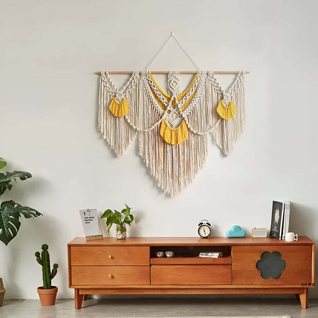 Hand-woven Nordic style cotton tapestry wall hanging 120cm by 95cm creamy white with yellow accents