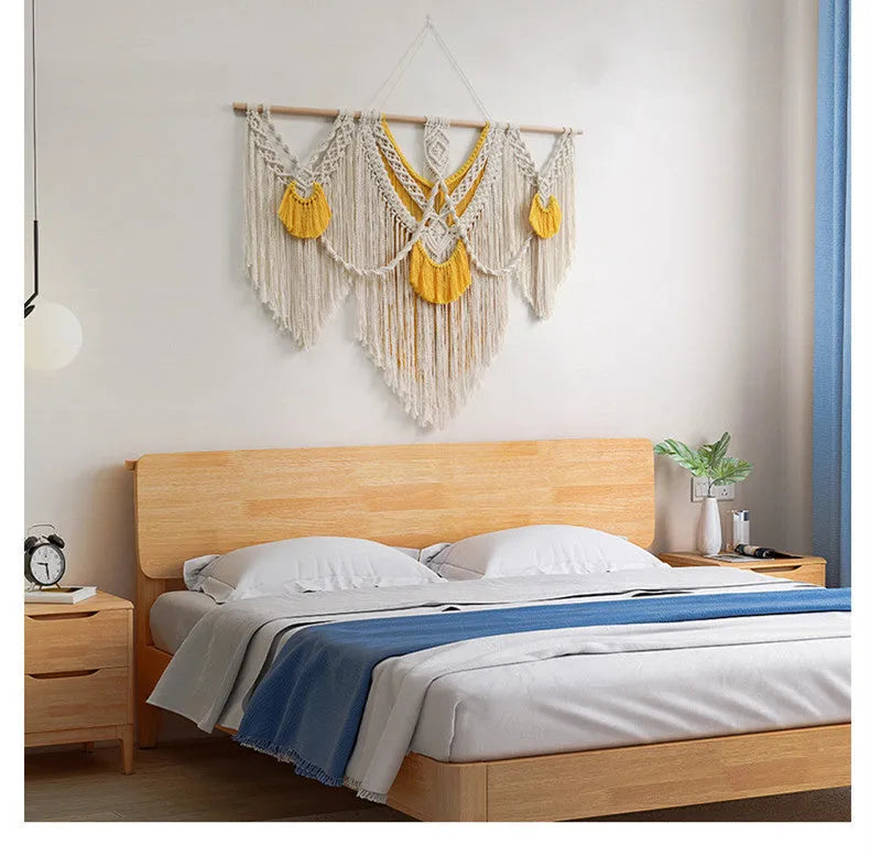 Hand-woven Nordic style cotton tapestry wall hanging 120cm by 95cm creamy white with yellow accents