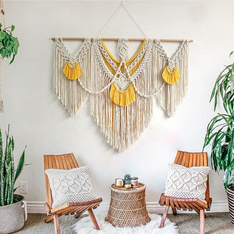 Hand-woven Nordic style cotton tapestry wall hanging 120cm by 95cm creamy white with yellow accents