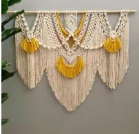 Hand-woven Nordic style cotton tapestry wall hanging 120cm by 95cm creamy white with yellow accents